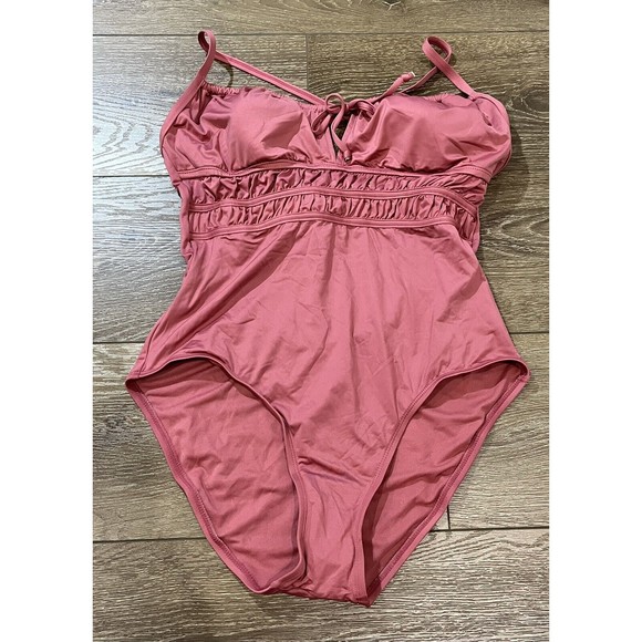 Women's Kona Sol Gathered Modern One Piece Swimsuit Mauvewood Large swim 1222 - Picture 5 of 10